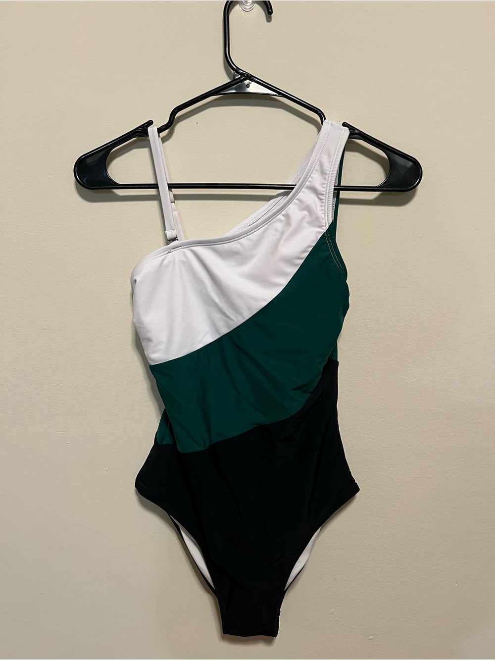 Cupshe One-Shoulder Colorblock Swimsuit in White, Green, and Black